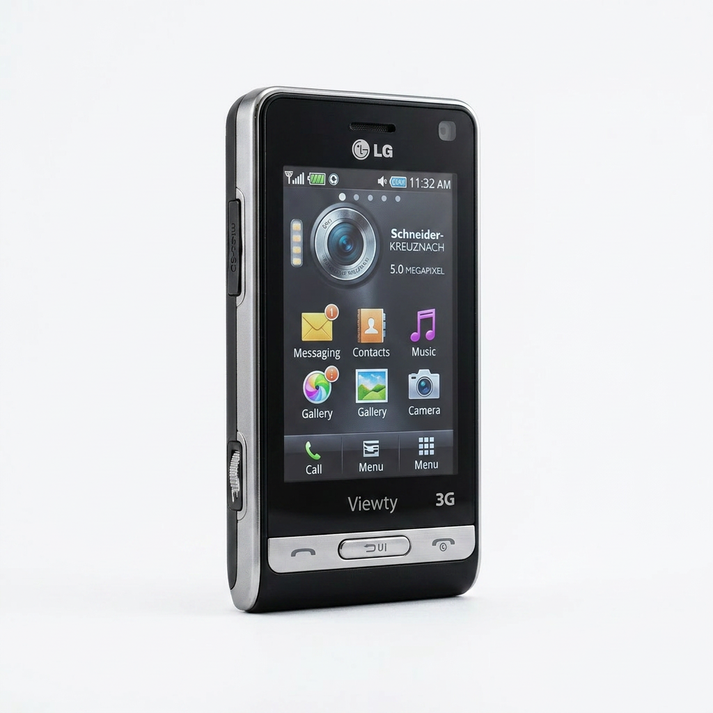 Hand holding LG Viewty smartphone with home screen showing camera, messaging, contacts, music, gallery icons