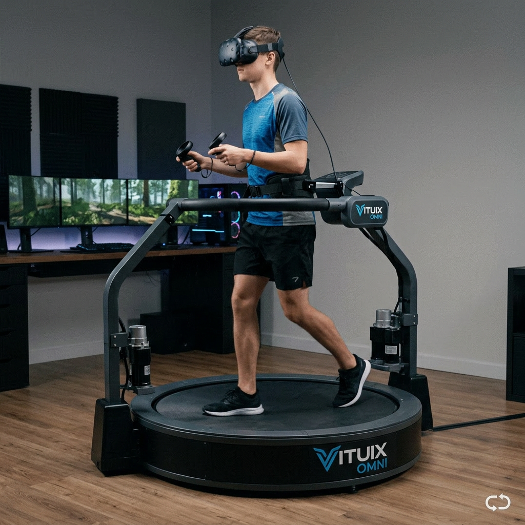 Person walking on Vituix Omni VR treadmill with headset and controllers