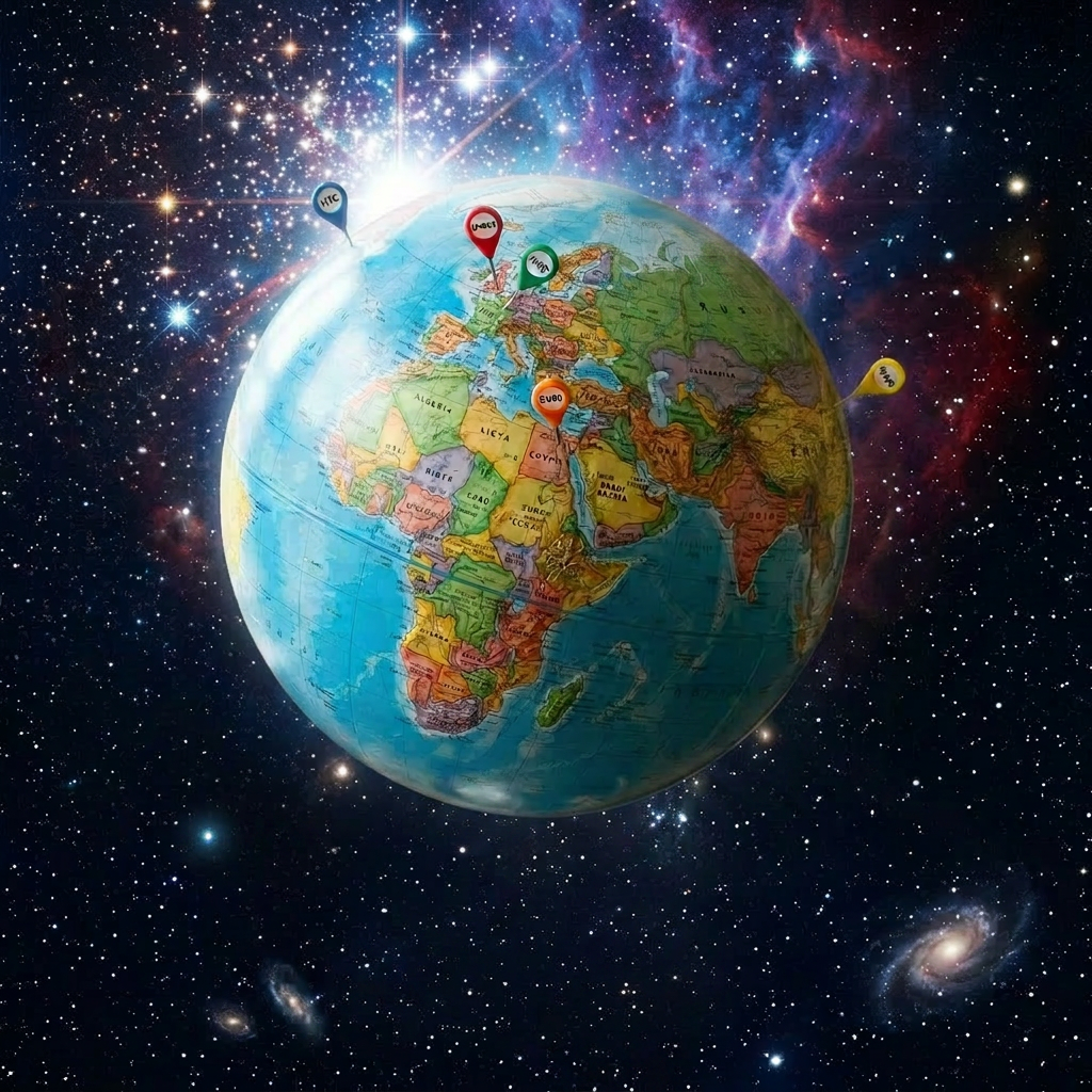 Vintage globe with location pins against a cosmic star field